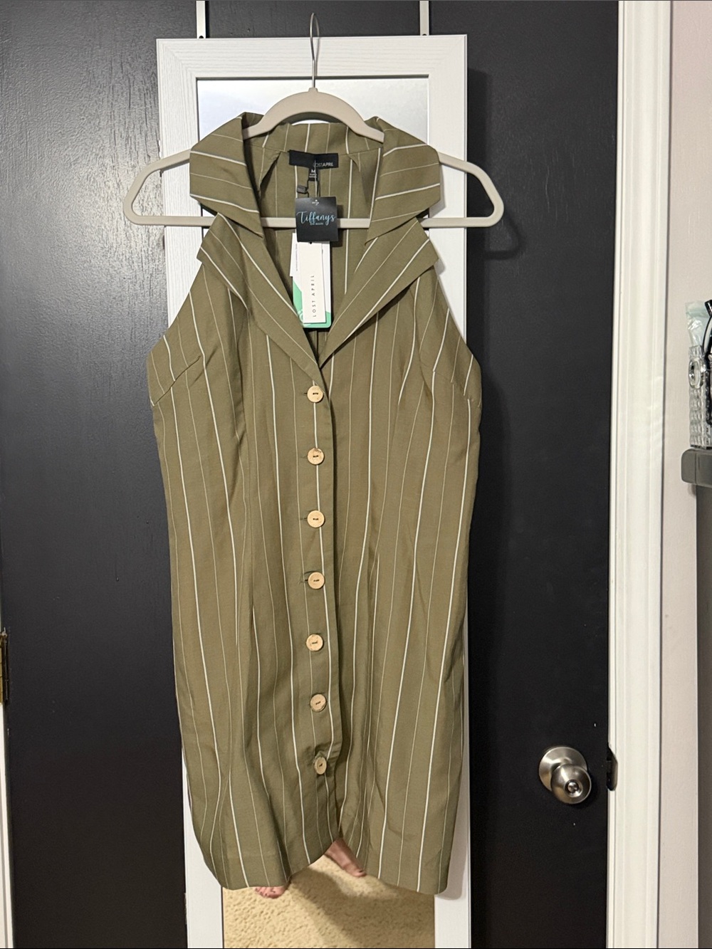 Sleeveless Olive Green Pinstripe Button-Front Dress by LostApril